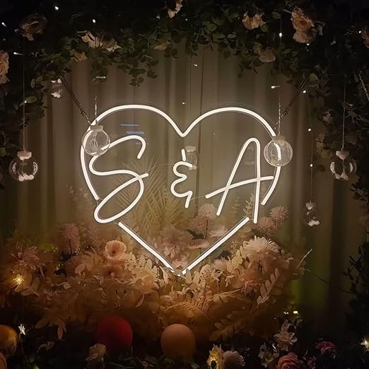 THE PARTY PLANET Personalised Initials Heart Neon Valentines Day Giftt Wedding Sign, Personlized LED Circle Neon Signs for Wedding decor, name Initials LED Neon Light For Bedroom Decor